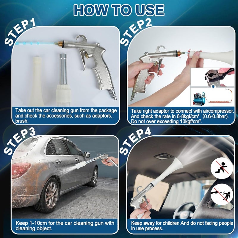 Senduzll Tornado Car Cleaning Gun, Dry Car Detailing Tools, Aluminum Alloy Bearing Nozzlefor, Car Quickly Blasts Dirt and Dust Works with Air Compressor (Silver) - Image 4